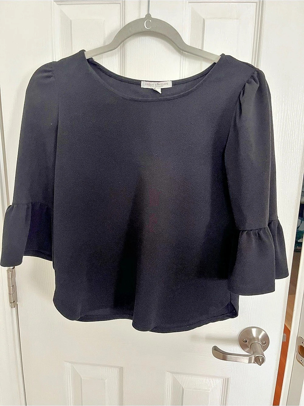 Green Envelope Black Ruffle Sleeve Blouse Like New